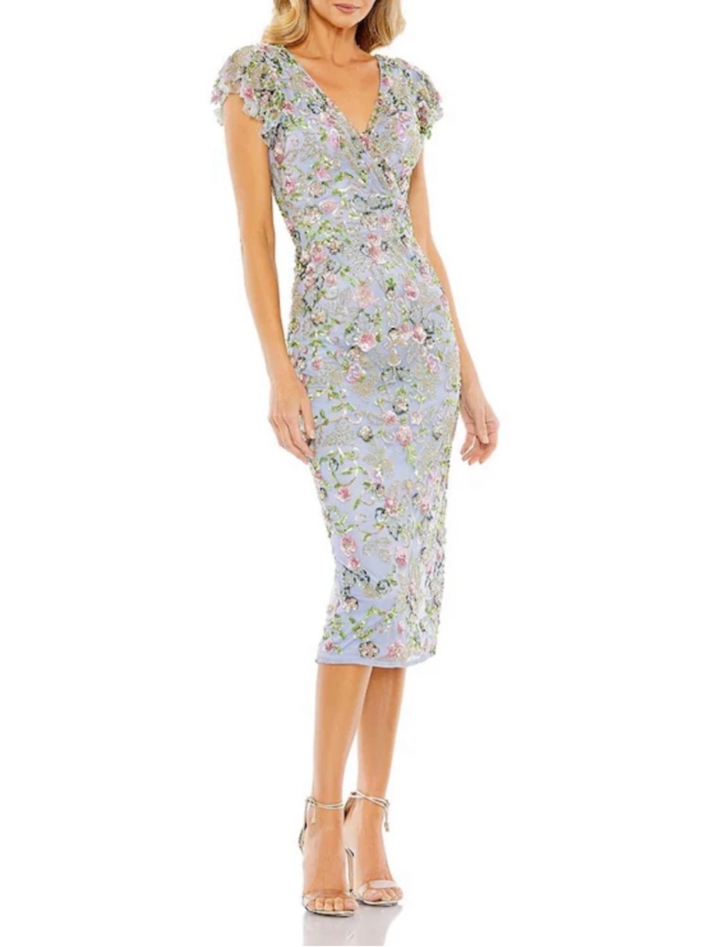 Mac Duggal Blue Floral sequin Embroidered Midi Dress- mother of the bride